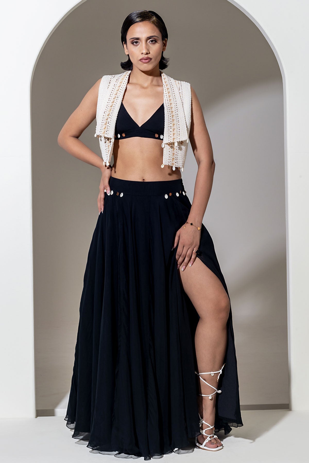 Designer Kusmi Modern Muse: Black Organza Skirt & Jacket Set For Women at ScrollnShops